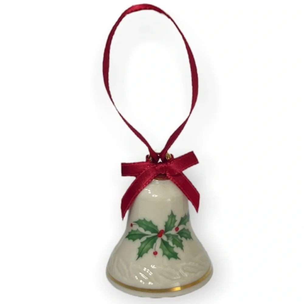Vintage Christmas Ornament Lenox Bell Gold Trim Holly & Berries In Velvet Box